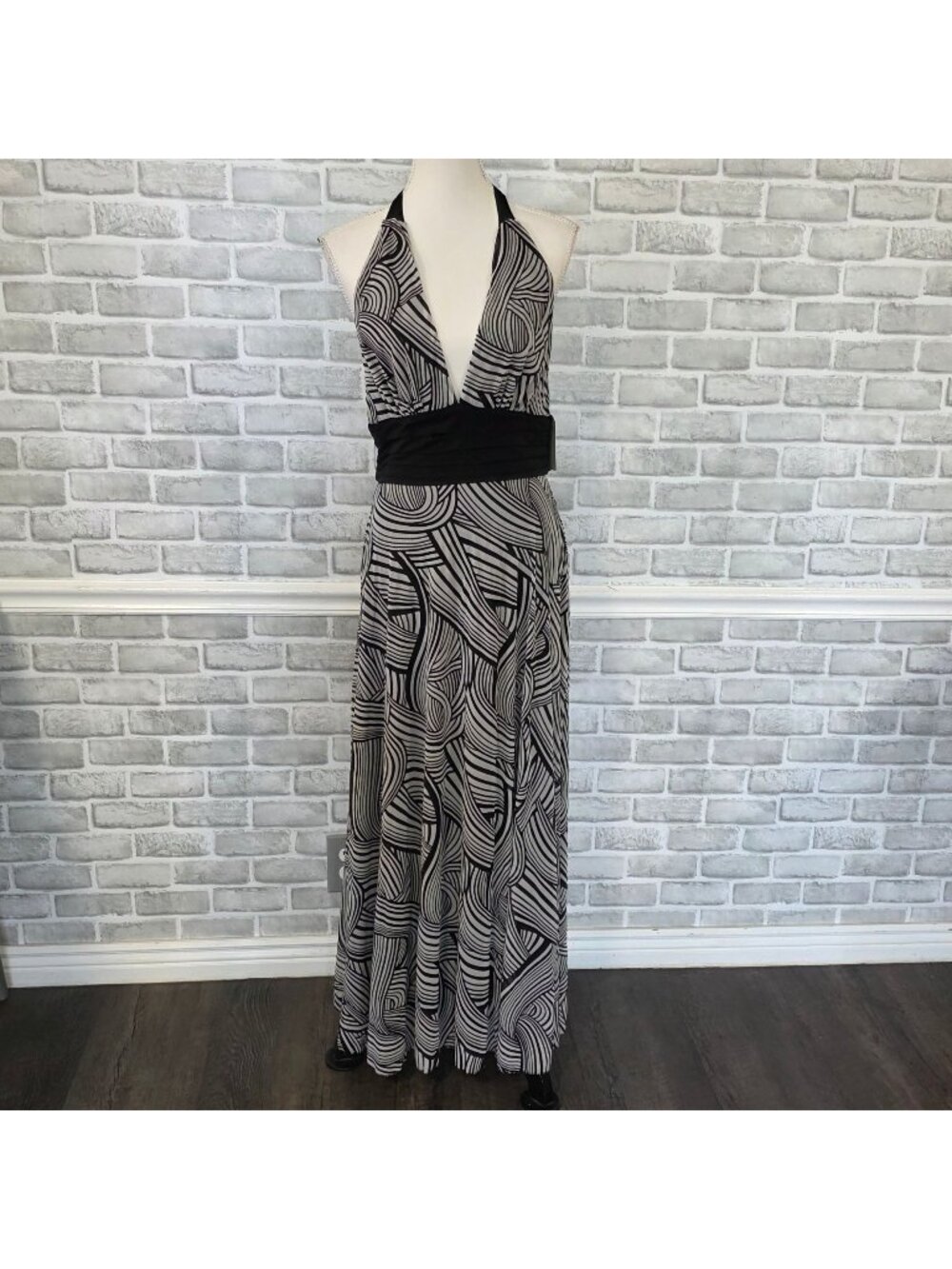 NWT Vtg ICE Y2K Mesh Indy Sleaze Halter Maxi Dress Black White Optical Swirl 12